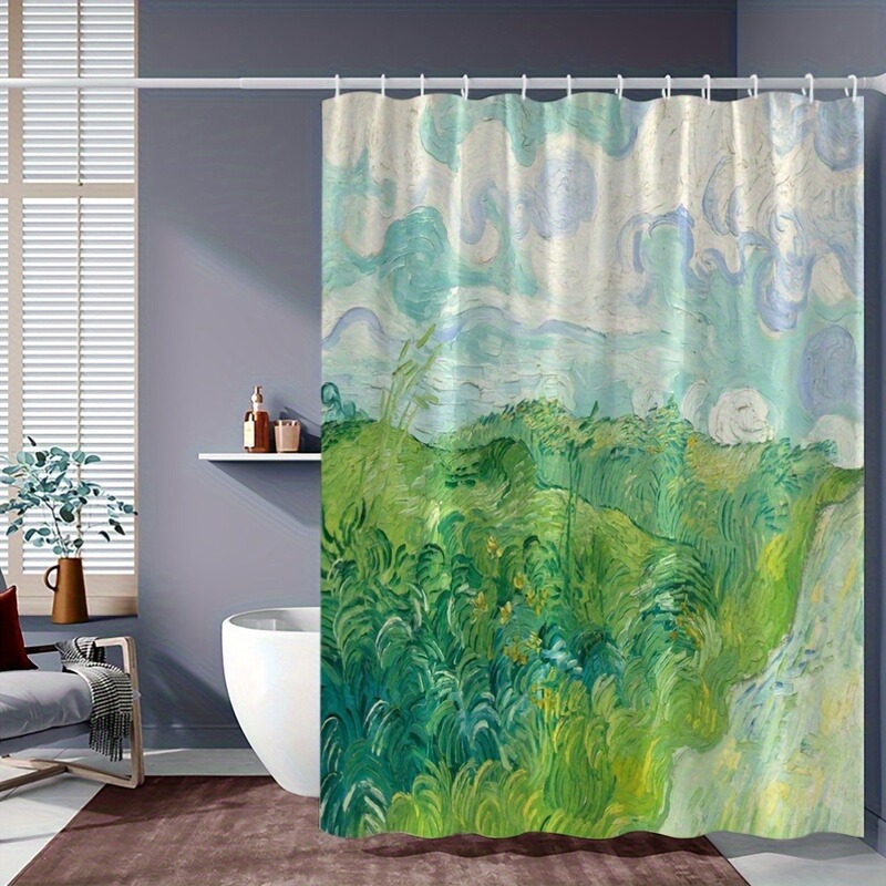 Abstract Oil Painting Grass Shower Curtain Abstract Green Country Bathroom Curtain Fabric Polyester with 12 Hooks