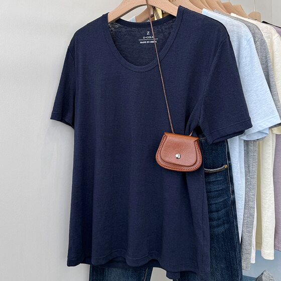 Tencel Linen U-collar Short-sleeved T-shirt Women's 2025 Summer Lightweight Breathable Snowflake Cotton Korean Style Clear Color Basic Top