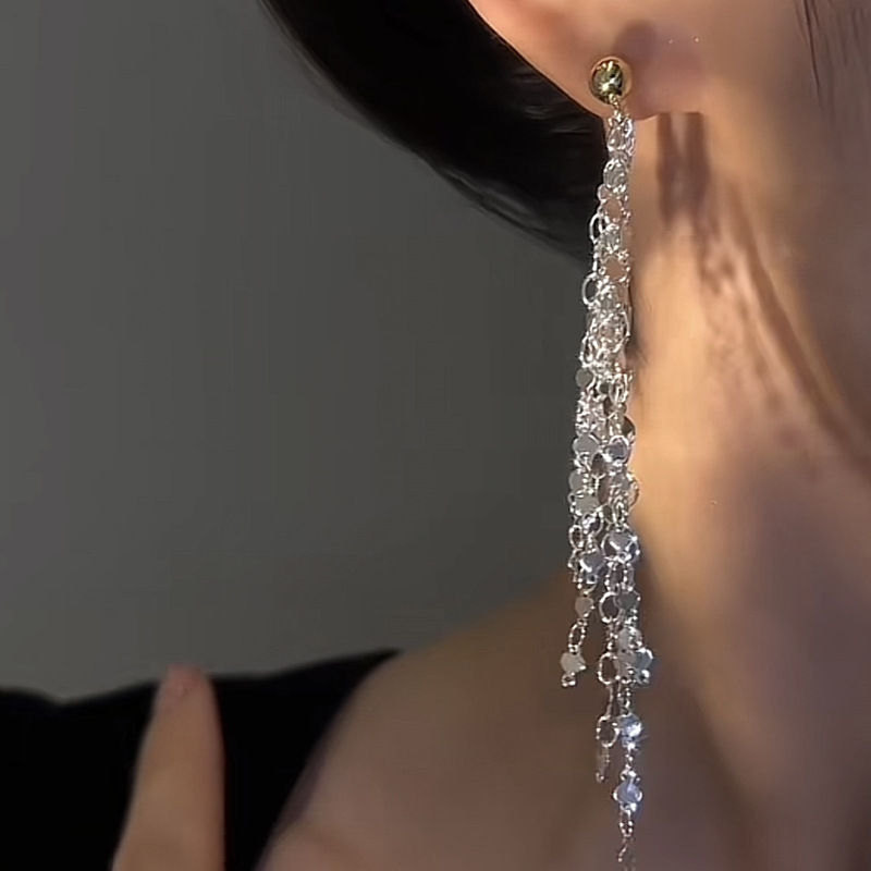 Aguja de plata con lentejuelas pendientes largos de la borla nicho de alto grado de luz pendientes de lujo nicho de moda pendientes de alto grado