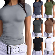 2025欧美夏季女式套头t恤辣妹外穿修身上衣时尚圆领高级感牛奶丝