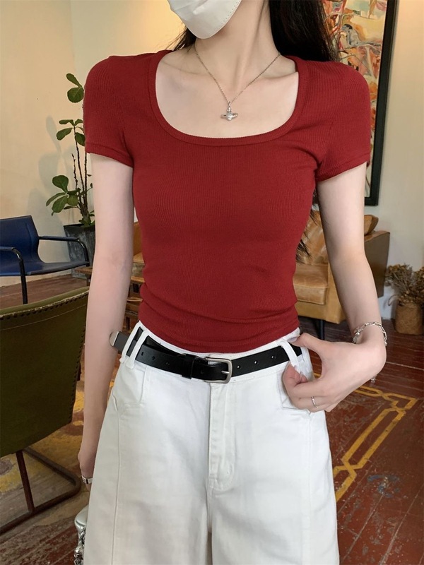 新しい半袖甘辛TシャツUネック無地スリムボトムミニマリスト韓国風アウターウェアとインナー多用途夏半袖トレンド|undefined