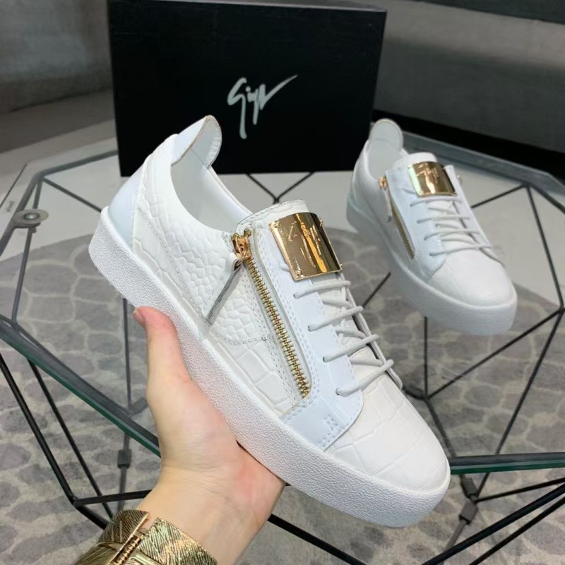 Men's white sneakers with metal zipper, thick sole, genuine leather with crocodile-pattern embossing, lace-up design, casual style, new spring/autumn collection