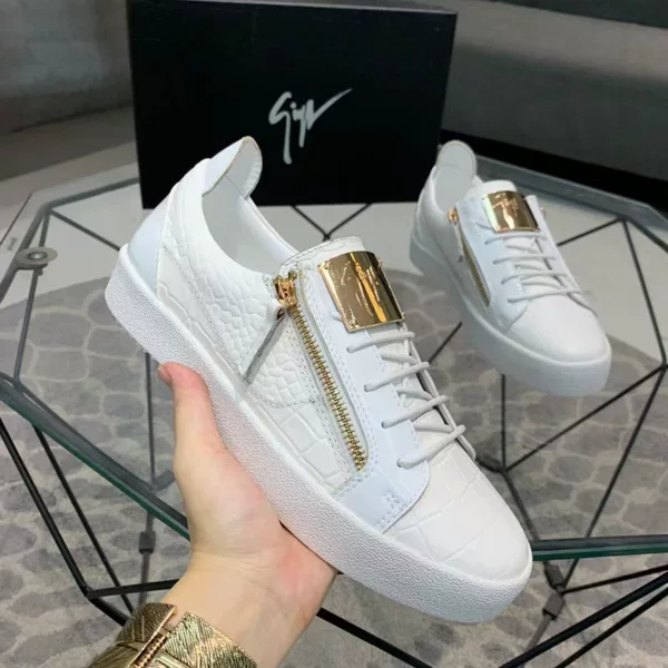 Men's white sneakers with metal zipper, thick sole, genuine leather with crocodile-pattern embossing, lace-up design, casual style, new spring/autumn collection