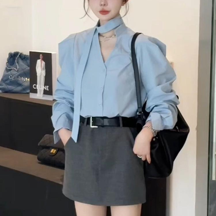 韩系气质v领挂脖长袖衬衫女2025春秋新款设计感小众宽松显瘦上衣|undefined