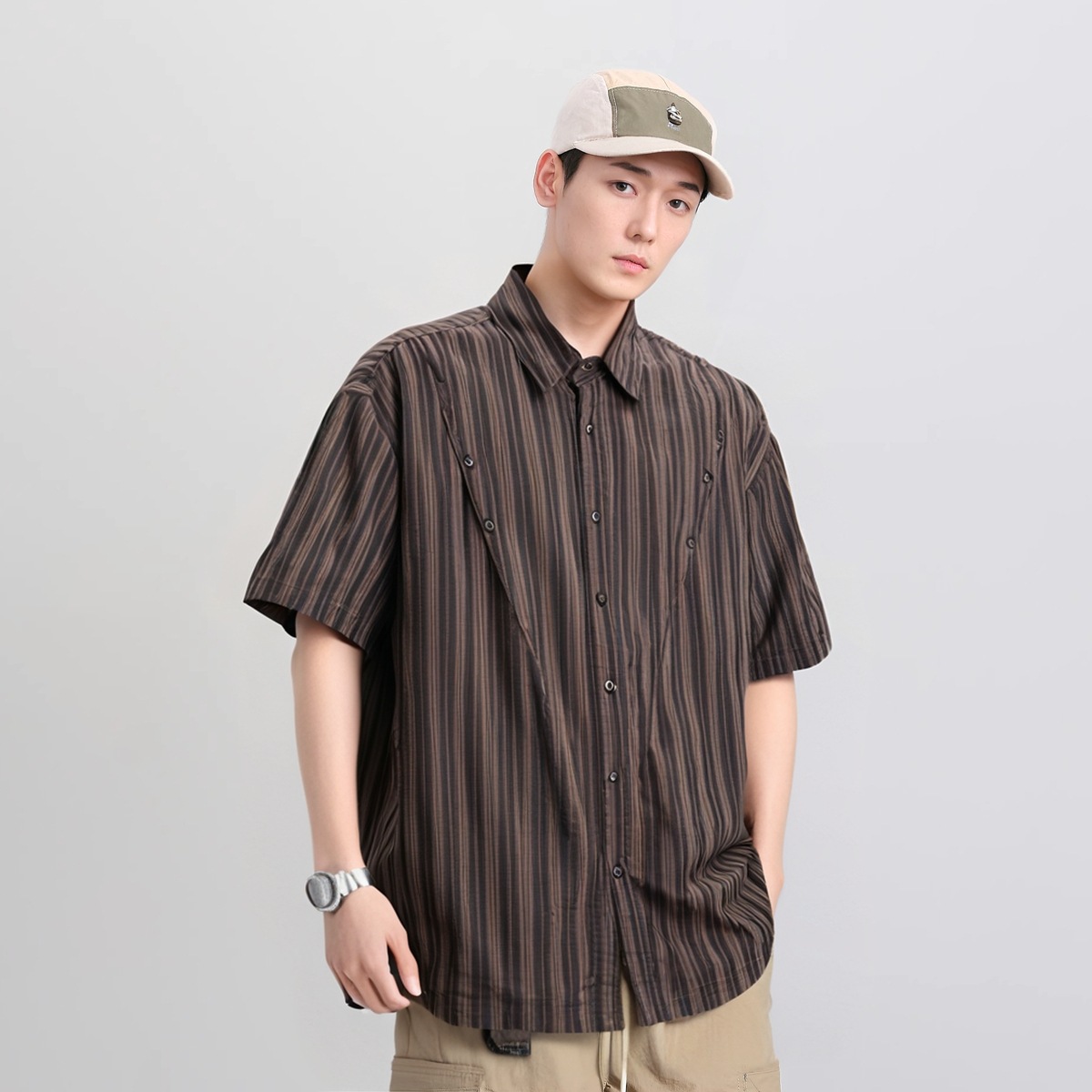 Rumen Pleated Striped Lapel Short-Sleeved Shirt Men's Summer Design Trendy Brand Handsome Retro Half-Sleeved Shirt Jacket