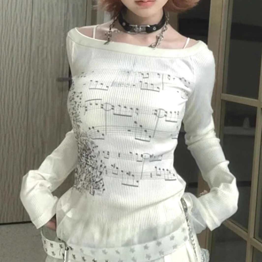 Y2K Korean Casual Fashion Round Neck Long Sleeve Note Print Top Women's Clothing