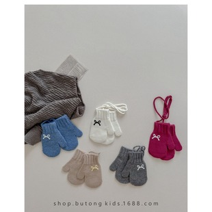 Ins South Korea Children's Western Style Bow Solid Color Knitted Gloves Autumn and Winter Baby Season Warm Neck Hanging Mittens