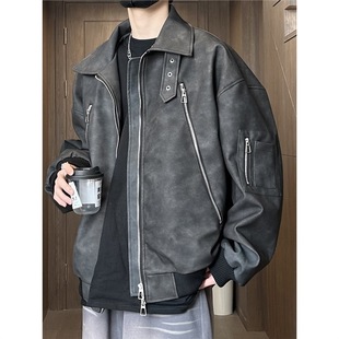 Loose Leather Jacket Men's Coat with a Sense of Design, Spring American Retro Trendy Pu Leather Jacket Men's Trendy Motorcycle Jacket