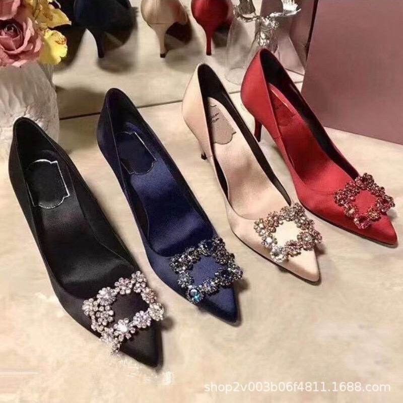 Lin Xinru's Same Style Rv Rhinestone Square Buckle High Heels Women's Stiletto Pointed Toe Flats Shoes Silks and Satins Red Wedding Shoes Shallow Mouth