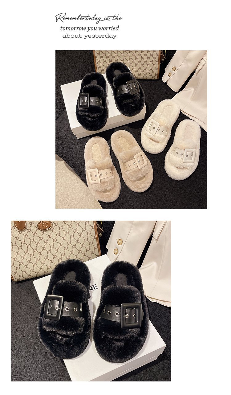 Pelzige Hausschuhe für Damenoberbekleidung, schwangere Frauen, große Hausschuhe mit dicken Sohlen, Gürtelschnalle, Plüsch, Ein-Wort-Baumwollhausschuhe_voghion.com