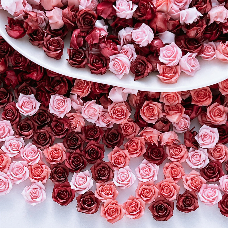 Ins-style soft-carved rose and camellia handmade DIY bracelet, three-dimensional burgundy flowers, nail accessories, rhinestones wholesale