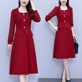 西装领拼接气质显瘦法式连衣裙2024秋季新款胖mm中长款大码女装裙