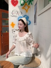 法式气质蓝色荷叶边短袖衬衫女夏季2025新款小众百搭宽松显瘦上衣