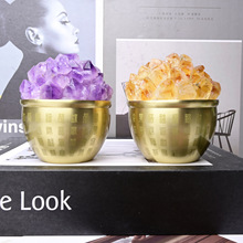 天然晶簇百福缸纯黄铜聚宝盆水晶原石客厅书房办公室桌面装饰摆件