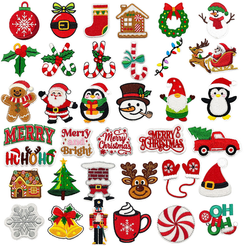 七彩现货跨境圣诞Merry系列电脑绣花衣服箱包帽子刺绣布贴装饰贴