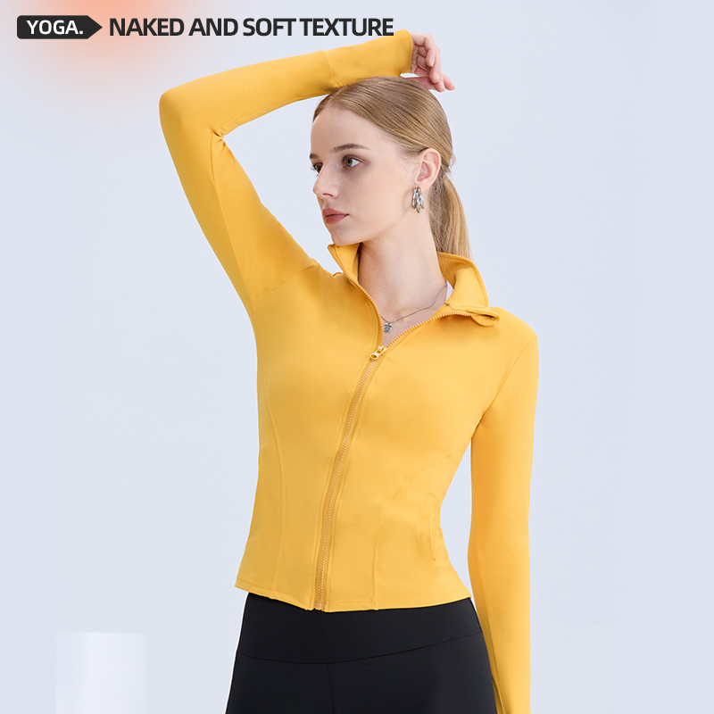 Nuevo estilo de otoño e invierno, top de yoga con cremallera y cuello alto con tacto de piel para mujer, chaqueta de manga larga ajustada con bolsillo para correr y fitness.
