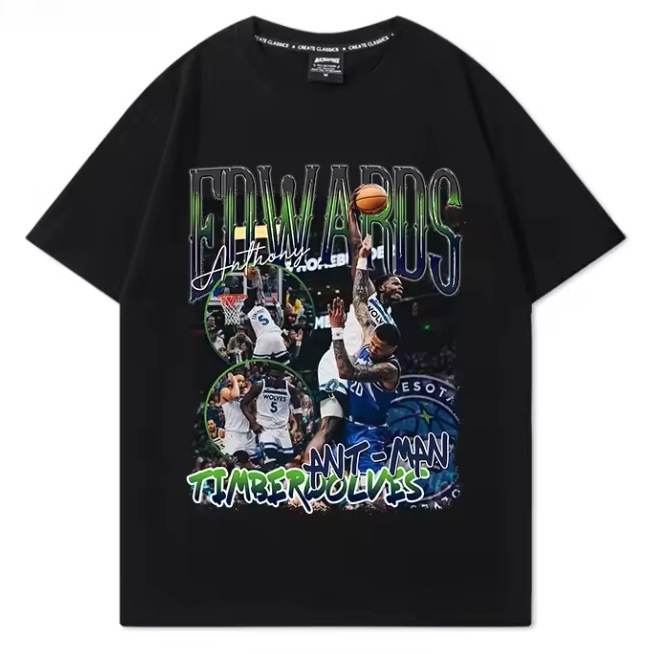 Cross-Border Amazon Cool Black T-Shirt, Edwards Basketball Instant Collage Print, Burning Timberwolves Passion Cross-Border Amazon Cool Black T-Shirt, Edwards Basketball Instant Collage Print, Burning Timberwolves Passion