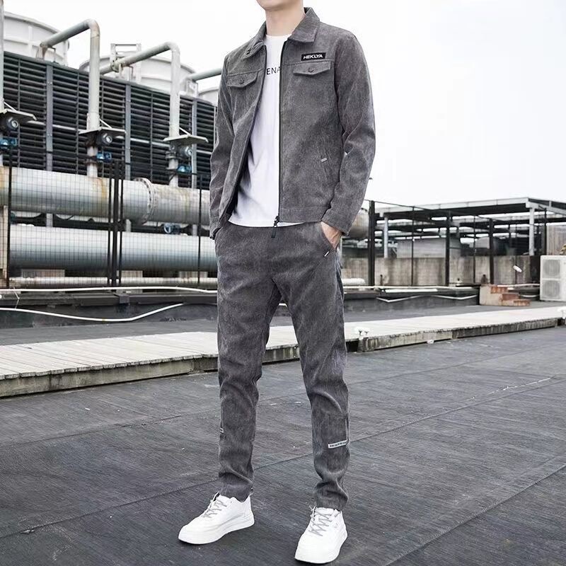 Casual men's autumn corduroy jacket set, men's clothing set, stylish and mature men's autumn outfit