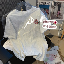 纯棉包领 灰色复古花朵印花短袖T恤女夏季中长款设计宽松中袖上衣