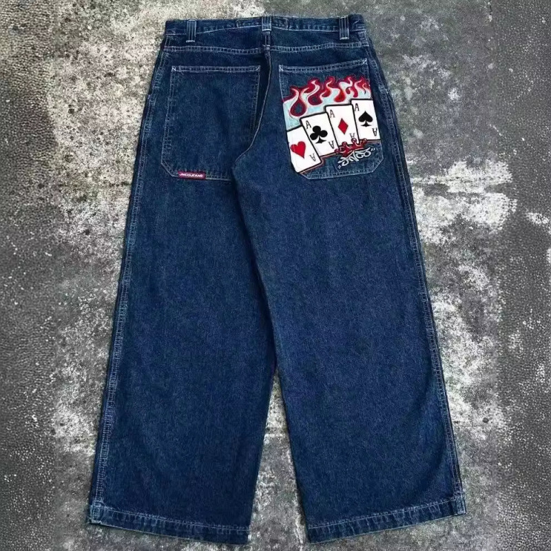 国境を越えた電気商JNCO Y2Kゆるいジーンズ男性レトロ刺繍ヒップホップストリート原宿男性ワイドパンツ|undefined