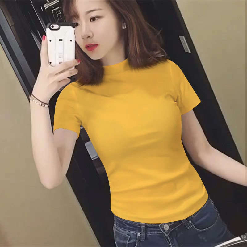 2025년 여름 여성을 위한 하프 터틀넥 반팔 티셔츠 새로운 디자인 틈새 슬리밍 및 연령 감소 탑