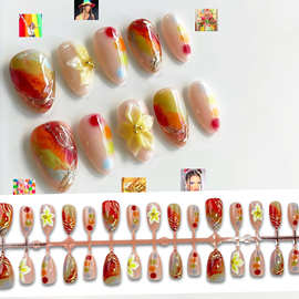 橙红色3D花朵黄昏穿戴甲跨境欧美ins鎏金美甲贴片press on nails