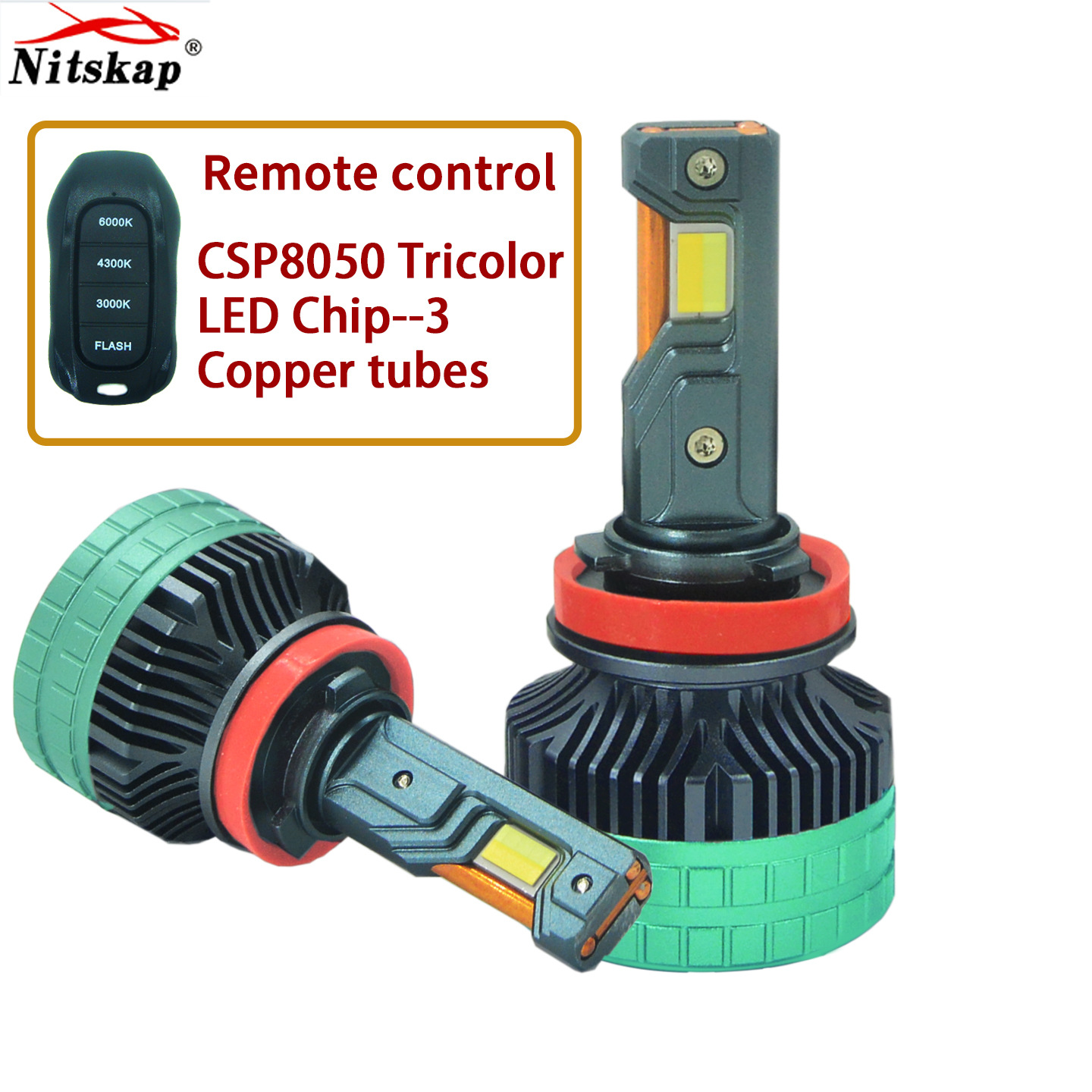 Faros LED de coche de control remoto inteligente de tres colores de tubo de cobre transfronterizo H7H4H1190059012 faros de coche con flash