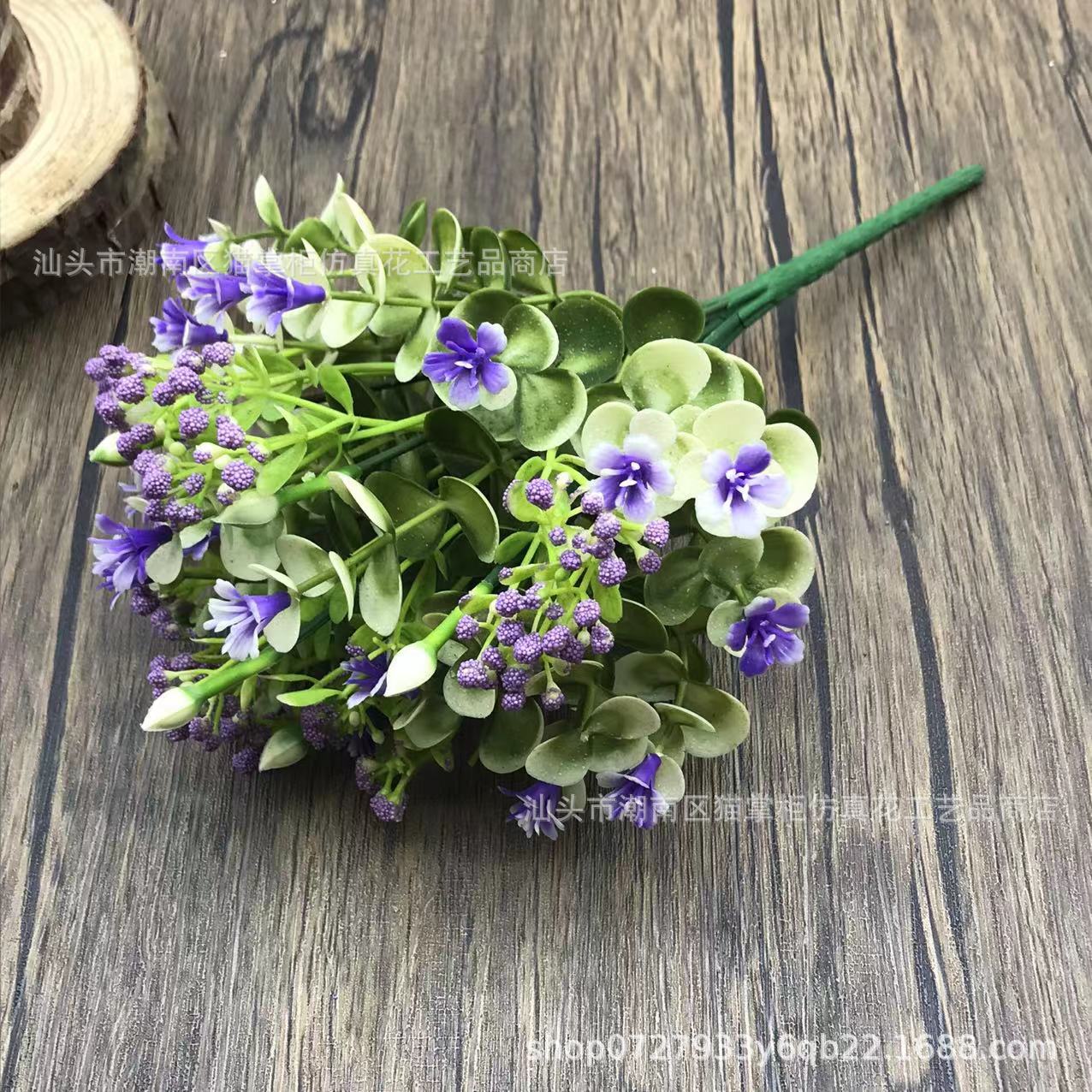 Decoración de flores artificiales de tres puntas, violeta eucalipto, hogar de bodas, 6 flores falsas, ramos de mano, accesorios de tiro