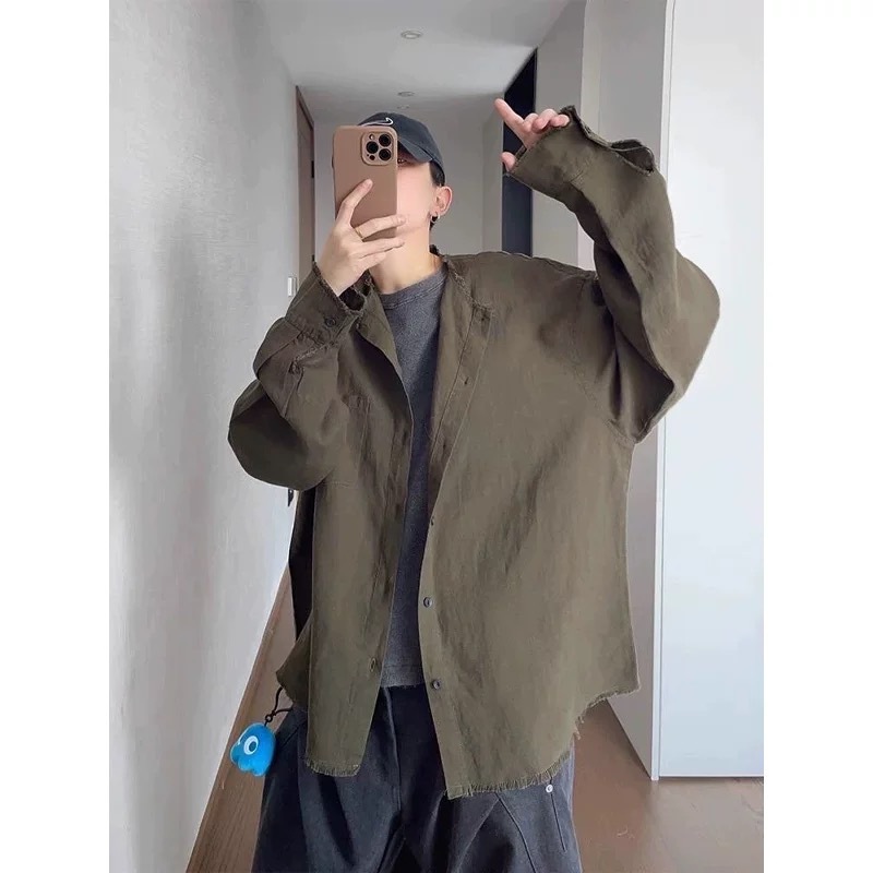 老钱风毛边亚麻衬衫男长袖夏季薄款美式复古高级感慵懒风防晒衬衣|undefined