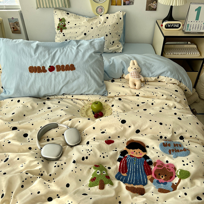 Class a Towel Embroidery Four-Piece Set for Student Dormitories, Home Use, Single and Double Bed Sheets, Duvet Cover, Bedding, All-Season Style