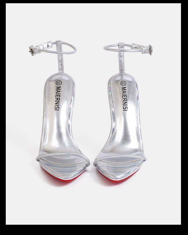 Sandal nữ quai ngang một chữ màu nude, gót nhọn siêu cao, giày thời trang dự tiệc — Màu be, Màu bạc, Màu trắng, Màu tím chi tiết 12