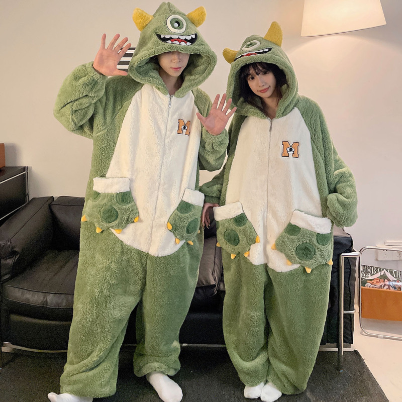 ワンピースのカップルのパジャマの女性の珊瑚の絨毯は厚いです。秋冬の男性のファスナーのフランネルの家の服は一体になります。|undefined