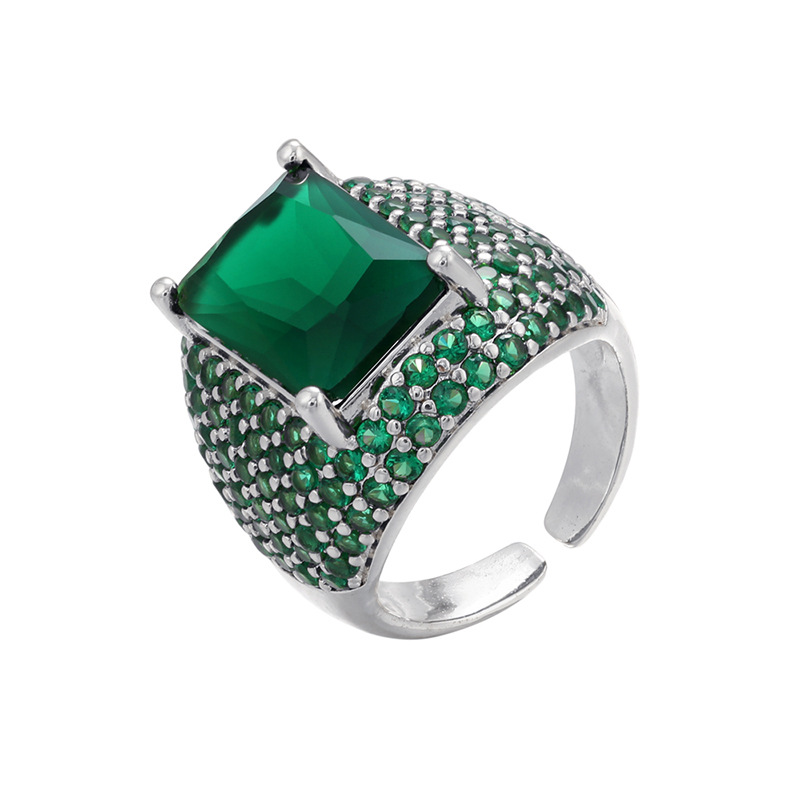 Retro Colored Diamonds Micro-inlaid Square Zircon Copper Open Ring display picture 3