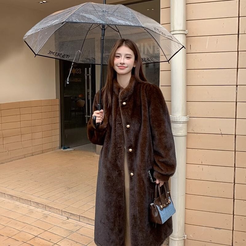 Long Korean-Style Puff-Sleeve Fur Coat for Women, Autumn and Winter, with Cotton Lining, Thickened Stand Collar, Faux Mink Fur Coat, Wholesale from Manufacturer Long Korean-Style Puff-Sleeve Fur Coat for Women, Autumn and Winter, with Cotton Lining, Thickened Stand Collar, Faux Mink Fur Coat, Wholesale from Manufacturer