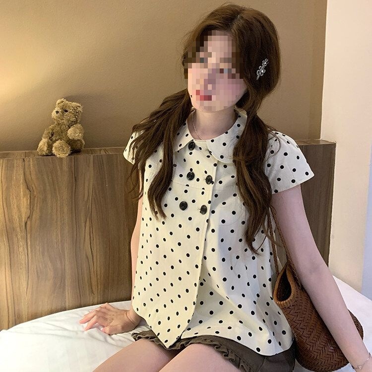 Cookie Crumble Polka Dot Doll Collar Short Sleeve Shirt for Women, Summer Double-Breasted Design, French Style Top, Apricot Color, Off-Shoulder
