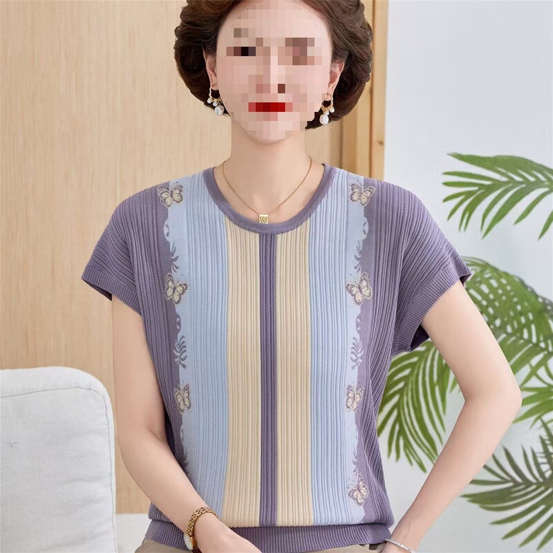 Mom's Summer Short-Sleeved T-Shirt, New Ice Silk Thin Top, Middle-Aged and Elderly Women's Clothing, Mother's Day Summer Knitted T-Shirt Mom's Summer Short-Sleeved T-Shirt, New Ice Silk Thin Top, Middle-Aged and Elderly Women's Clothing, Mother's Day Summer Knitted T-Shirt