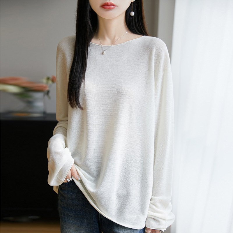 女性用ワンラインカラールーズニットセーター2025春夏新作エアコン付きルーム長袖アウター微透けレイジースタイルトップ|undefined