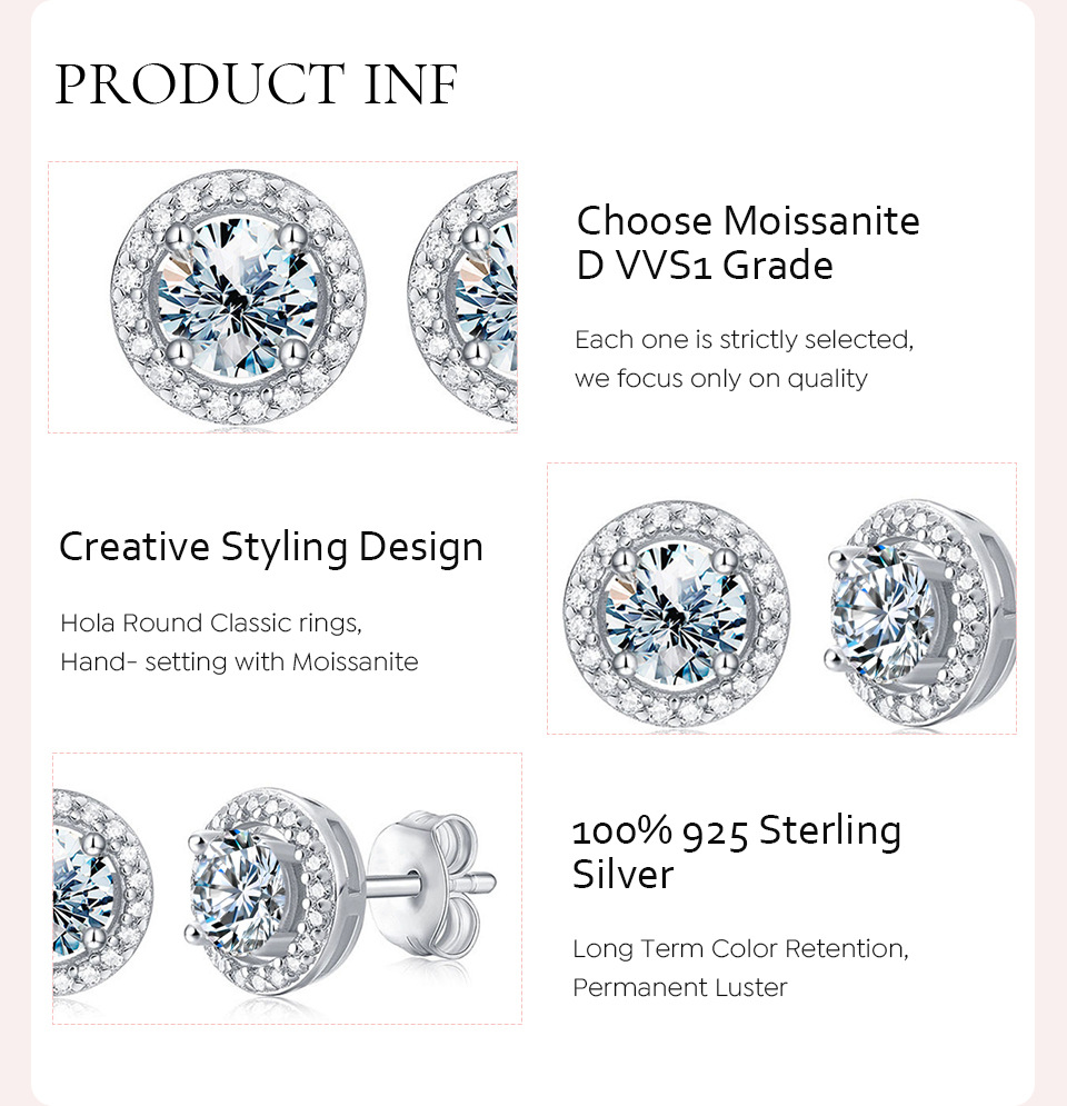 Glamour Brillant Rond Argent Sterling Moissanite Boucles D'oreilles En Masse display picture 2