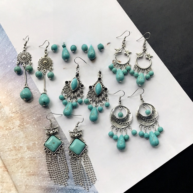 Elegant retro turquoise ethnic universal long earrings drop-shaped…