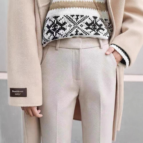 Autumn/Winter Human Character Pattern Thick Woolen Pants for Women, High-Waisted, Slim-Fitting Casual Straight Leg Suit, Nine-Inch Elegant Professional Pipe Pants