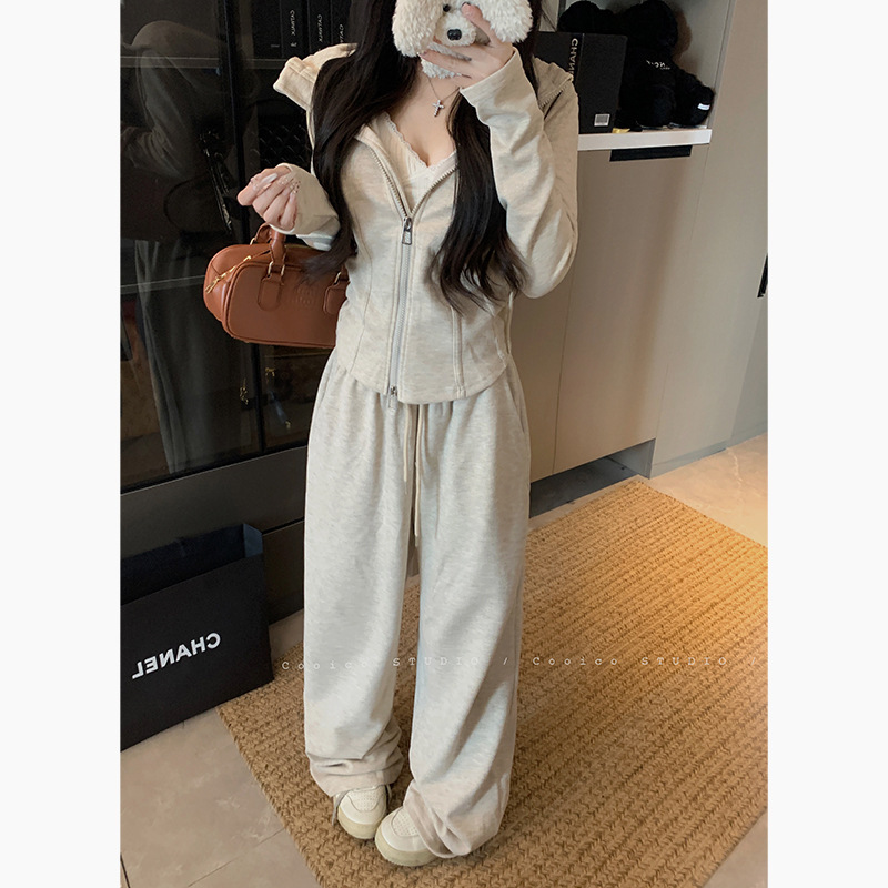 双拉链慵懒连帽长袖卫衣外套女秋季运动套装垂感休闲阔腿裤两件套|undefined