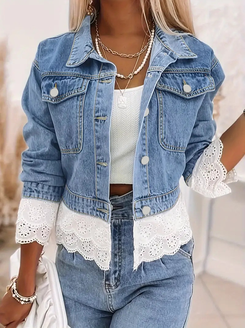 Women's Denim Jacket Plus Size Lace Patchwork Long Sleeve Top_voghion.com