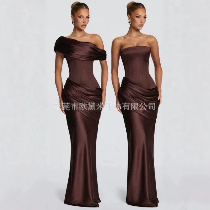 SDM259 elegant strapless dress with a neck scarf, satin, silky long dress, wholesale for export