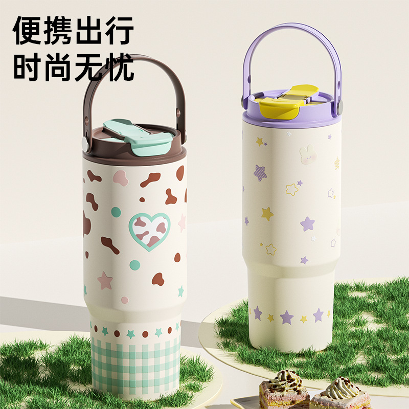 Monet Water Cup Thermos Coffee Cup 316 Stainless Steel Handle Cup Large Capacity Portable Car Cup Water Bottle with Straw Monet Water Cup Thermos Coffee Cup 316 Stainless Steel Handle Cup Large Capacity Portable Car Cup Water Bottle with Straw