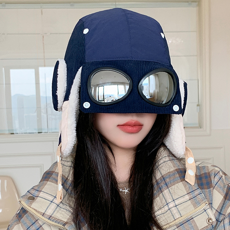 冬季拼色灯芯绒雷锋帽可拆卸防风护目镜套装户外保暖护耳飞行员帽