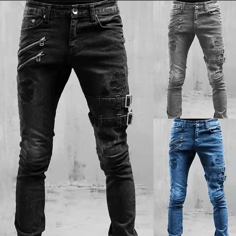 2025 European and American Cross-Border Amazon Wish Stylish Trendy Frayed Hole Motorcycle Small-Foot Jeans for Men