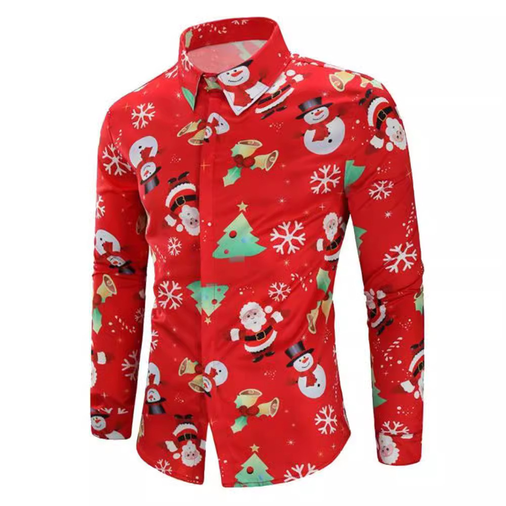 Chemise imprimée Père Noël à manches longues pour homme, style décontracté et polyvalent, 2024_voghion.com