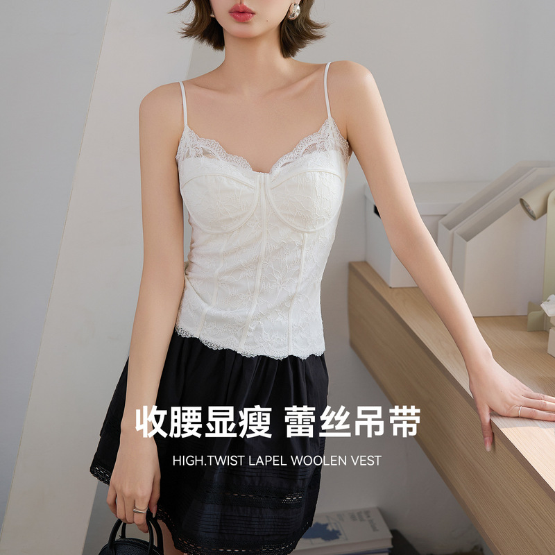 French-Style Fishbone Lace Camisole for Women, Pure and Sexy, with Chest Pads, Slim-Fit, White Sleeveless Top for Layering or Outerwear French-Style Fishbone Lace Camisole for Women, Pure and Sexy, with Chest Pads, Slim-Fit, White Sleeveless Top for Layering or Outerwear