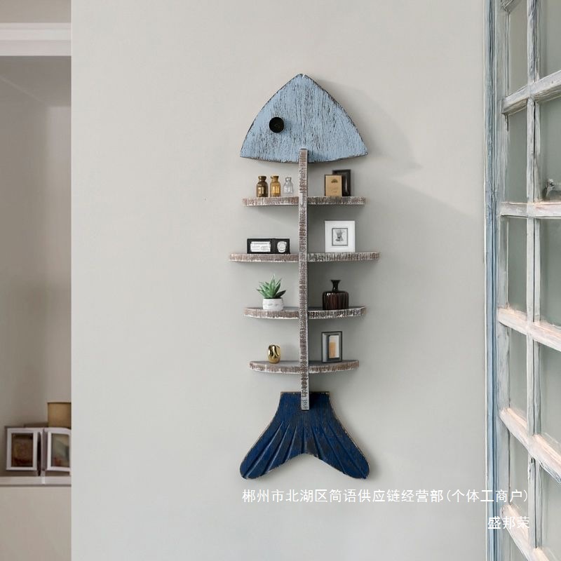 Fábrica directa de decoración mediterránea estantes de peces esqueleto partición de madera en forma de pez estante creativo de pared decoración de pared