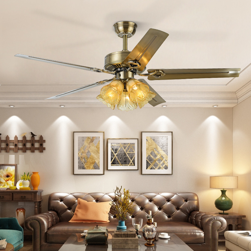 Middle ancient iron wood leaf ceiling fan lamp bedroom frequency conversion electric fan lamp industrial retro living room American chandelier dining room fan lamp
